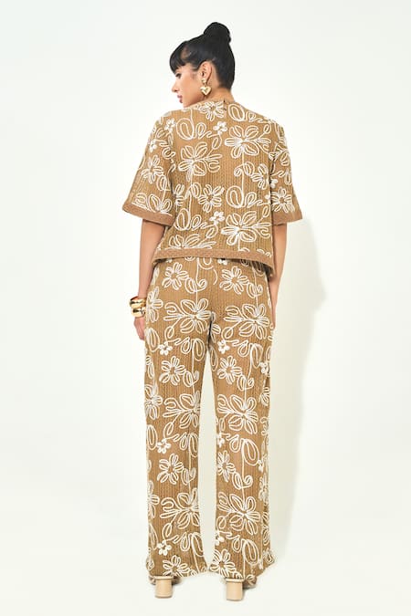 Qala Clothing Beige Floral Knit Top & Pant Set 
