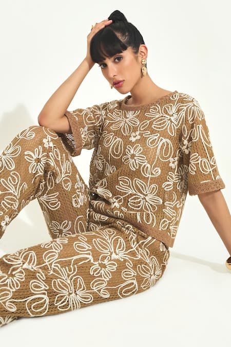 Shop_Qala Clothing_Beige Knit Embroidery Round Neck Floral Top And Pant Set _Online_at_Aza_Fashions