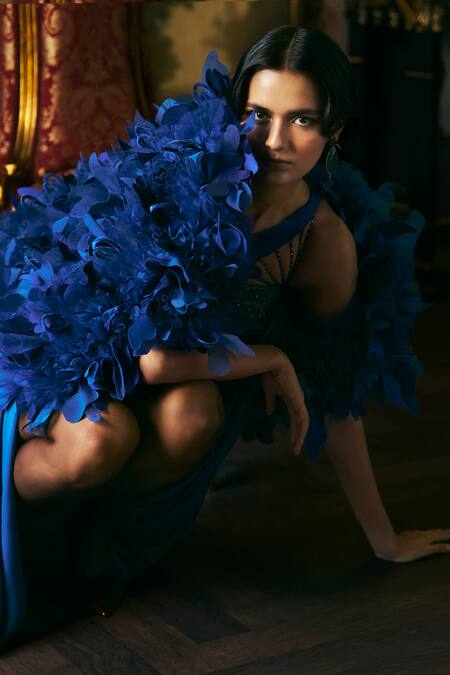 Supria Munjal_Navy Silk Fabric Flowers Asymmetric Nautical Blue Mori Gown _Online_at_Aza_Fashions