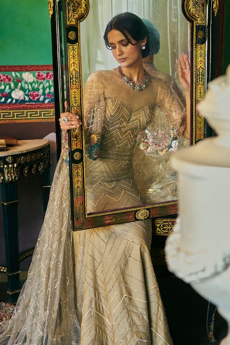 Supria Munjal_Gold Chanderi, Tissue Embroidery, Sequins Round Neck Sand Gown _Online_at_Aza_Fashions