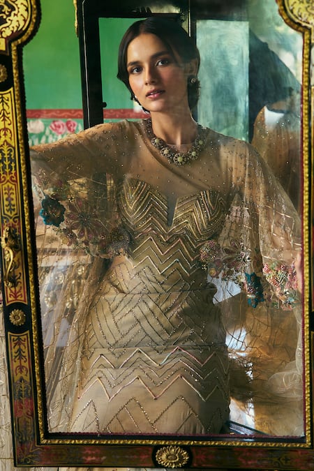 Buy_Supria Munjal_Gold Chanderi, Tissue Embroidery, Sequins Round Neck Sand Gown _Online_at_Aza_Fashions