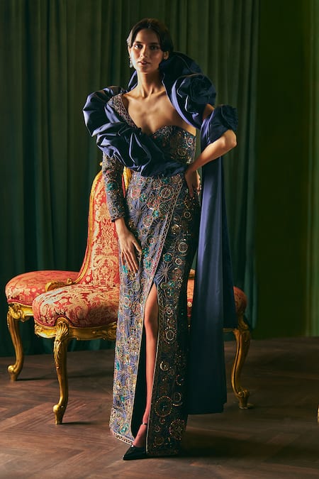 Supria Munjal Navy Silk Embroidery Sweetheart Neck Blue Designer Gown