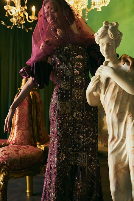 Supria Munjal_Wine Silk Beads Bandeau Neck Pure Designer Gown _Online_at_Aza_Fashions