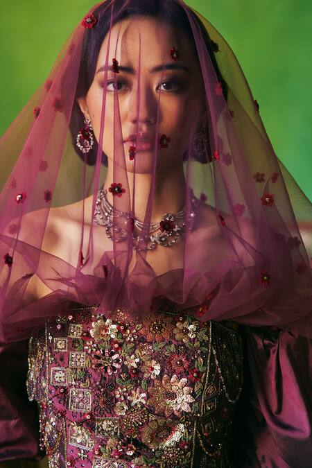 Buy_Supria Munjal_Wine Silk Beads Bandeau Neck Pure Designer Gown _Online_at_Aza_Fashions