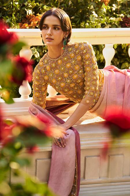 Supria Munjal Pink Silk, Tissue Sequins, Embroidery, Beads Designer Cashmere Rose Saree Set Online at Aza Fashions Supria Munjal_Pink Silk, Tissue Sequins, Embroidery, Beads Designer Cashmere Rose Saree Set _Online_at_Aza_Fashions