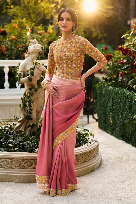 Supria Munjal Pink Silk, Tissue Sequins, Embroidery, Beads Designer Cashmere Rose Saree Set