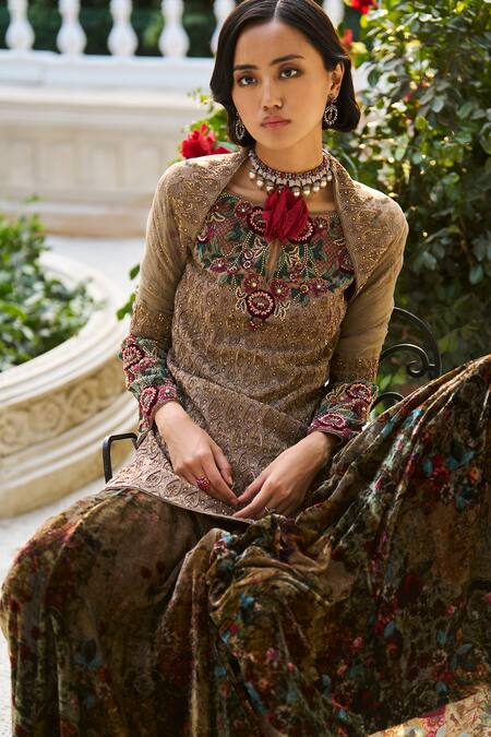 Supria Munjal_Gold Chanderi, Tissue, Velvet Embroidery Round Neck Sand Kurta Sharara Set _Online_at_Aza_Fashions