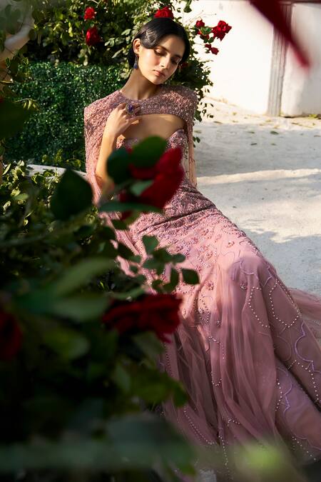 Supria Munjal_Purple Tulle Beads Sweetheart , High Embellished Designer Gown And Cape _Online_at_Aza_Fashions