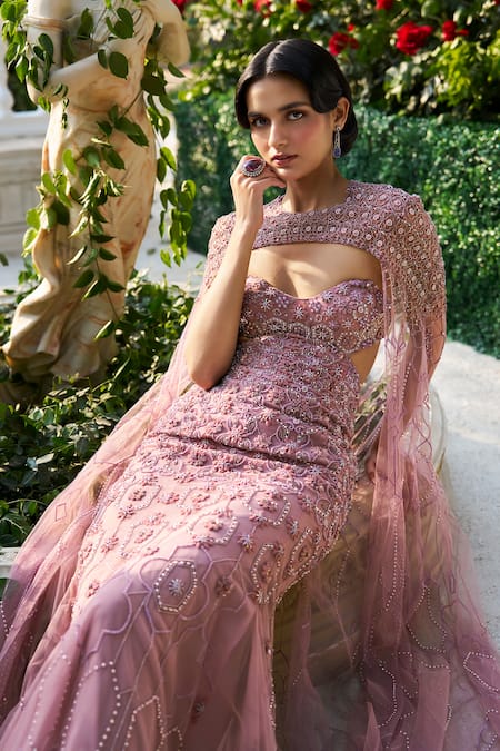 Buy_Supria Munjal_Purple Tulle Beads Sweetheart , High Embellished Designer Gown And Cape _Online_at_Aza_Fashions