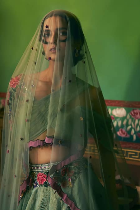 Supria Munjal Smoke Green Crinkled Shimmer Lehenga Set 