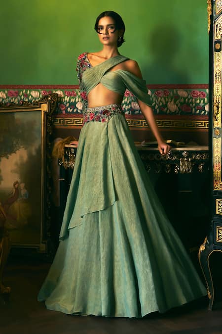Supria Munjal Green Silk, Tissue Embroidery Asymmetric Smoke Crinkled Shimmer Lehenga Set