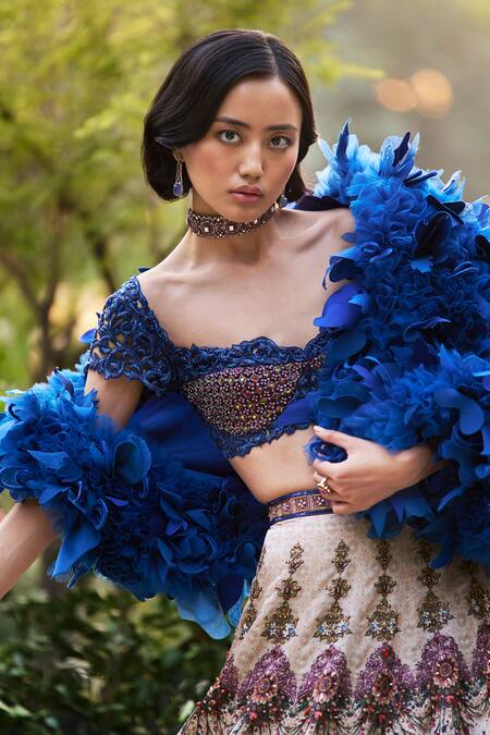 Supria Munjal_Blue Satin, Linen Sequins, Embroidery, Beads Round Royal Shimmer Lehenga Set _Online_at_Aza_Fashions