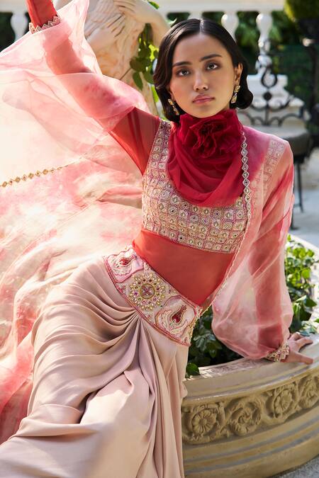 Supria Munjal_Beige Georgette, Crepe Embroidery Round , Open Skirt Blouse Cape Set _Online_at_Aza_Fashions