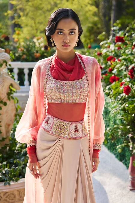 Buy_Supria Munjal_Beige Georgette, Crepe Embroidery Round , Open Skirt Blouse Cape Set _Online_at_Aza_Fashions