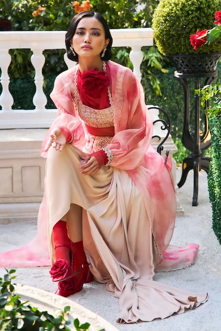 Supria Munjal Beige Georgette Crepe Skirt Blouse Cape Set 