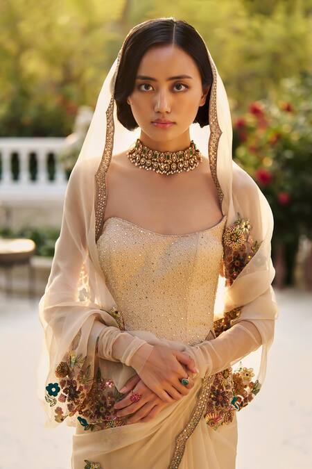 Supria Munjal_Ivory Organza Embroidery, Beads Square Neck Embellished Designer Saree Set _Online_at_Aza_Fashions