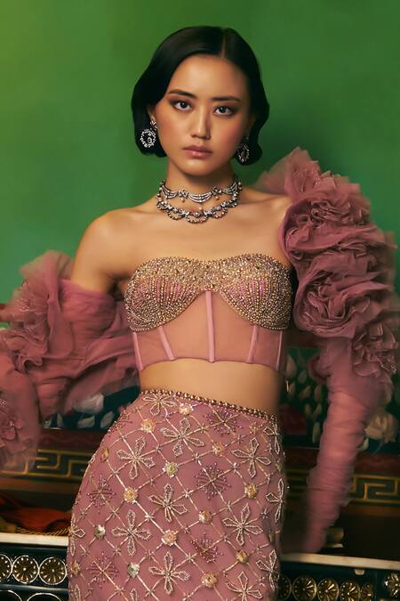 Buy_Supria Munjal_Purple Tulle Beads, Embroidery Round Neck, Sweetheart Bolero Skirt And Blouse Set _Online_at_Aza_Fashions