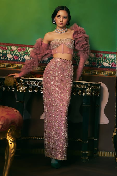 Supria Munjal Purple Tulle Beads, Embroidery Round Neck, Sweetheart Bolero Skirt And Blouse Set