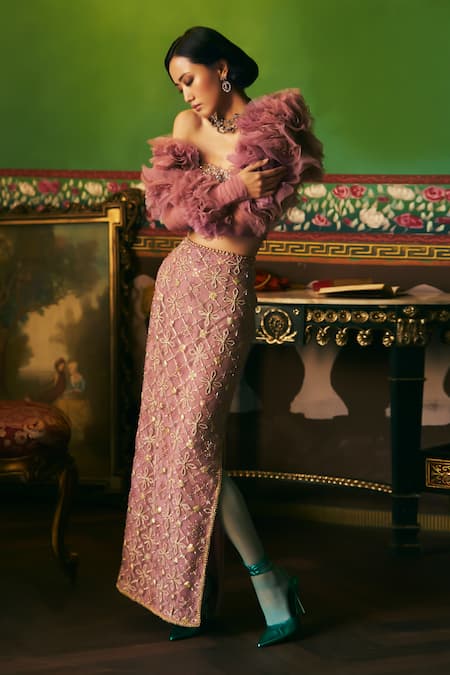 Supria Munjal Purple Tulle Bolero Skirt & Blouse Set 