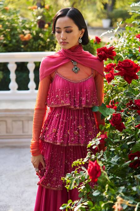Supria Munjal_Pink Chiffon, Silk Sequins, Beads Round Neck Raspberry Designer Kurta Set _Online_at_Aza_Fashions