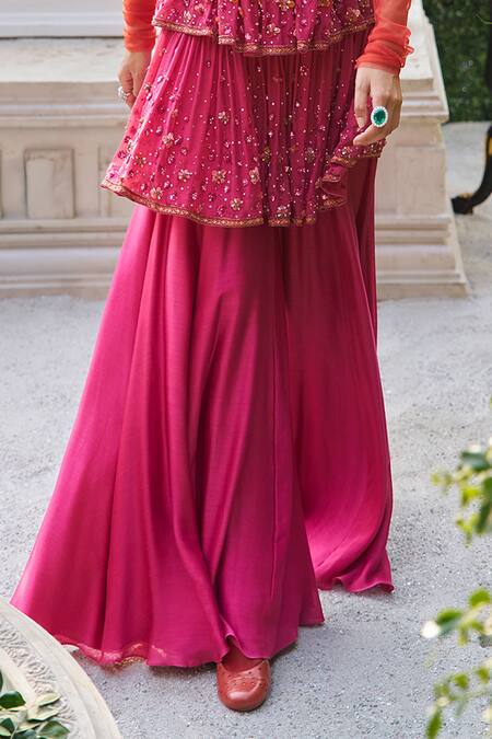 Buy_Supria Munjal_Pink Chiffon, Silk Sequins, Beads Round Neck Raspberry Designer Kurta Set _Online_at_Aza_Fashions