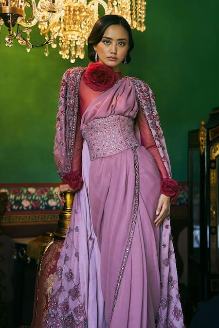 Supria Munjal_Purple Shantoon, Georgette, Satin, Organza Designer Shimmer Saree Set _Online_at_Aza_Fashions