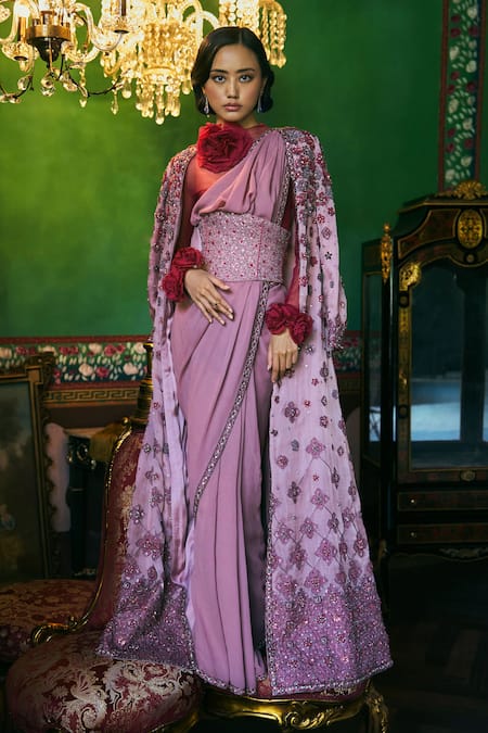 Supria Munjal Purple Shantoon, Georgette, Satin, Organza Designer Shimmer Saree Set