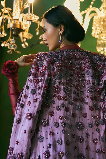 Buy_Supria Munjal_Purple Shantoon, Georgette, Satin, Organza Designer Shimmer Saree Set _Online_at_Aza_Fashions