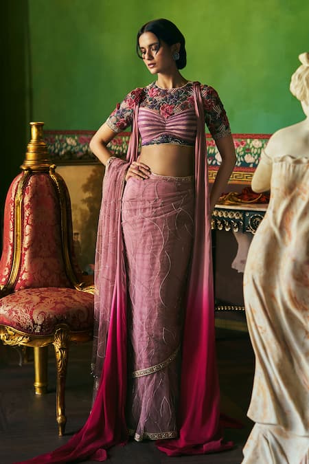 Supria Munjal Purple Tulle Embroidery Round Neck Designer Saree Set