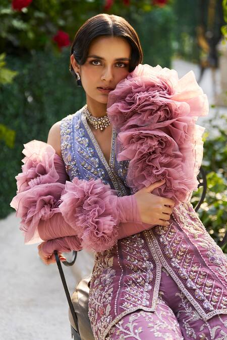 Buy_Supria Munjal_Purple Georgette Sequins, Embroidery V-neck Designer Shimmer Kurta And Pant Set _Online_at_Aza_Fashions