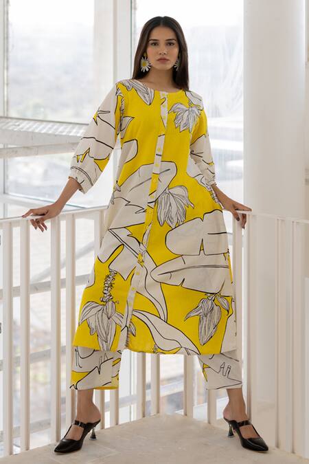 Buy Silai Studio Yellow Cotton, Linen Button-down Neck Plantain Orchard Down Kurta Set Online at Aza Fashions Buy_Silai Studio_Yellow Cotton, Linen Button-down Neck Plantain Orchard Down Kurta Set _Online_at_Aza_Fashions