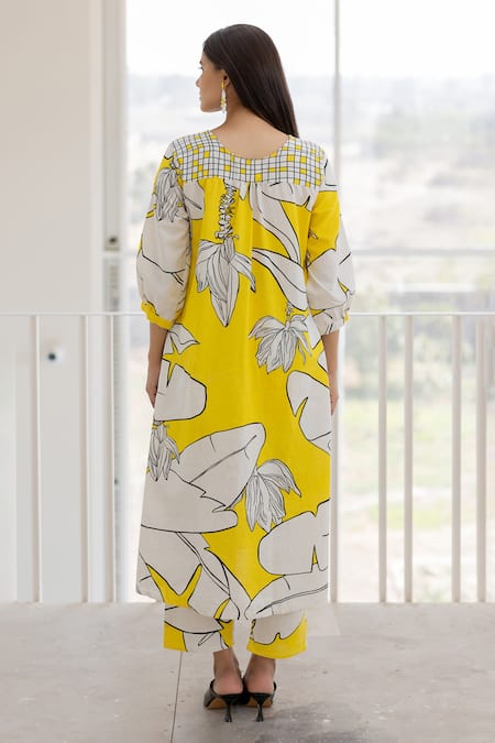 Shop Silai Studio Yellow Cotton, Linen Button-down Neck Plantain Orchard Down Kurta Set at Aza Fashions Shop_Silai Studio_Yellow Cotton, Linen Button-down Neck Plantain Orchard Down Kurta Set _at_Aza_Fashions