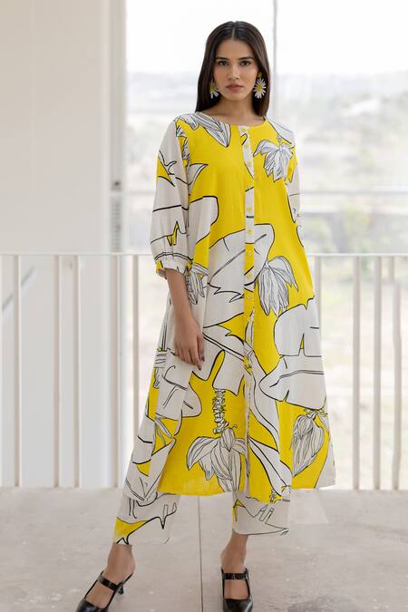 Shop Silai Studio Yellow Cotton, Linen Button-down Neck Plantain Orchard Down Kurta Set Online at Aza Fashions Shop_Silai Studio_Yellow Cotton, Linen Button-down Neck Plantain Orchard Down Kurta Set _Online_at_Aza_Fashions