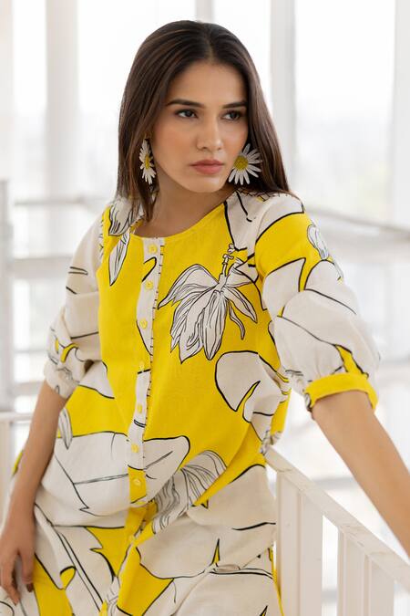 Silai Studio_Yellow Cotton, Linen Button-down Neck Plantain Orchard Down Kurta _at_Aza_Fashions