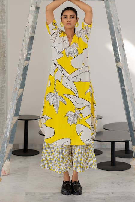 Shop Silai Studio Yellow Cotton, Linen V-neck Plantain Orchard Kurta And Checks Palazzo Set Online at Aza Fashions Shop_Silai Studio_Yellow Cotton, Linen V-neck Plantain Orchard Kurta And Checks Palazzo Set _Online_at_Aza_Fashions