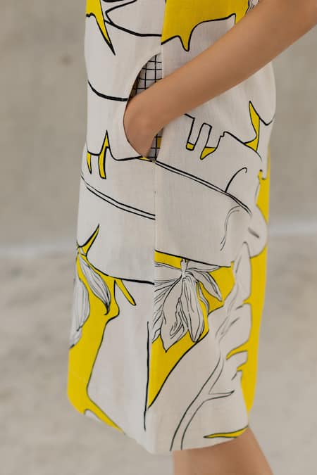 Shop Silai Studio Yellow Cotton, Linen Keyhole Neck Plantain Orchard Dress Online at Aza Fashions Shop_Silai Studio_Yellow Cotton, Linen Keyhole Neck Plantain Orchard Dress _Online_at_Aza_Fashions