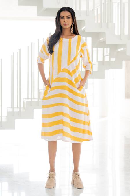 Silai Studio Yellow Linen, Viscose Round Neck Pink Lemonade Striped Dress Online at Aza Fashions Silai Studio_Yellow Linen, Viscose Round Neck Pink Lemonade Striped Dress _Online_at_Aza_Fashions