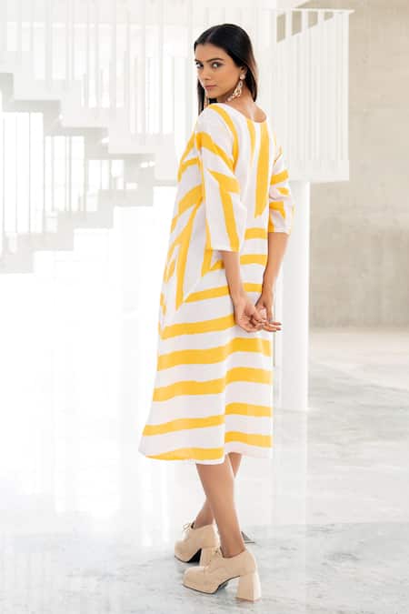 Shop Silai Studio Yellow Linen, Viscose Round Neck Pink Lemonade Striped Dress at Aza Fashions Shop_Silai Studio_Yellow Linen, Viscose Round Neck Pink Lemonade Striped Dress _at_Aza_Fashions