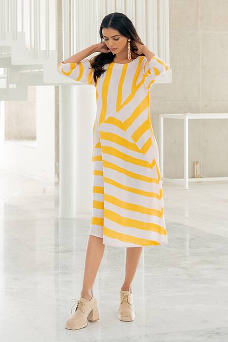 Buy Silai Studio Yellow Linen, Viscose Round Neck Pink Lemonade Striped Dress Online at Aza Fashions Buy_Silai Studio_Yellow Linen, Viscose Round Neck Pink Lemonade Striped Dress _Online_at_Aza_Fashions