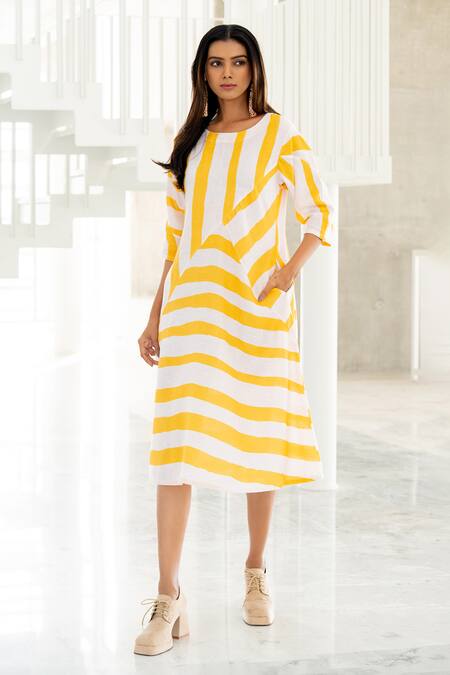 Shop Silai Studio Yellow Linen, Viscose Round Neck Pink Lemonade Striped Dress Online at Aza Fashions Shop_Silai Studio_Yellow Linen, Viscose Round Neck Pink Lemonade Striped Dress _Online_at_Aza_Fashions