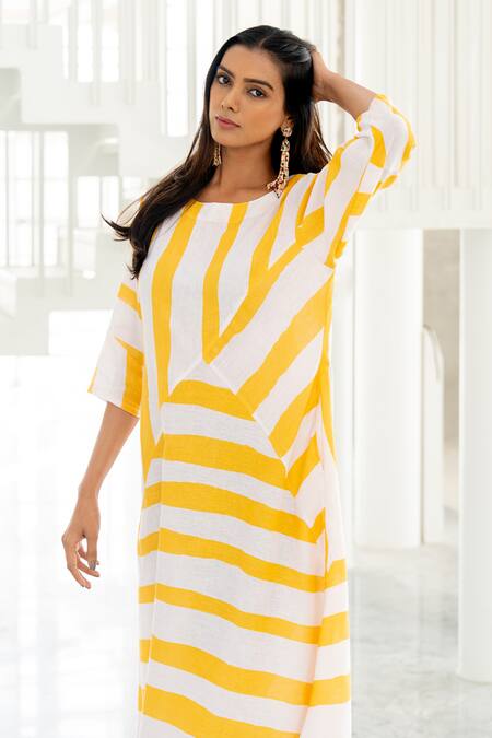 Silai Studio Yellow Linen, Viscose Round Neck Pink Lemonade Striped Dress at Aza Fashions Silai Studio_Yellow Linen, Viscose Round Neck Pink Lemonade Striped Dress _at_Aza_Fashions