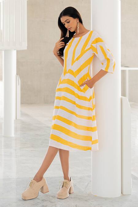 Buy Silai Studio Yellow Linen, Viscose Round Neck Pink Lemonade Striped Dress Buy_Silai Studio_Yellow Linen, Viscose Round Neck Pink Lemonade Striped Dress