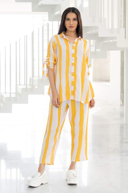 Silai Studio Yellow Linen, Viscose Collared Striped Co-ord Pant Set