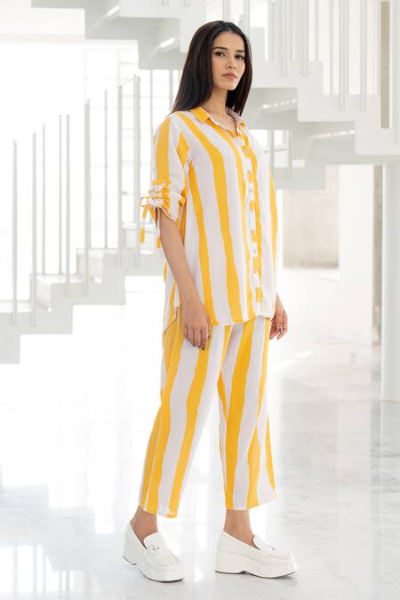 Silai Studio Yellow Linen, Viscose Collared Striped Co-ord Pant Set Online at Aza Fashions Silai Studio_Yellow Linen, Viscose Collared Striped Co-ord Pant Set _Online_at_Aza_Fashions