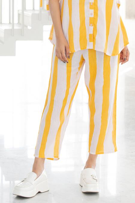 Buy Silai Studio Yellow Linen, Viscose Collared Striped Co-ord Pant Set Online at Aza Fashions Buy_Silai Studio_Yellow Linen, Viscose Collared Striped Co-ord Pant Set _Online_at_Aza_Fashions