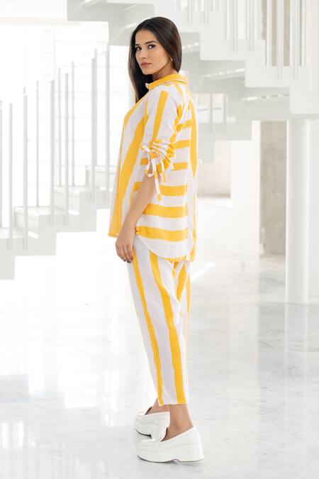 Shop Silai Studio Yellow Linen, Viscose Collared Striped Co-ord Pant Set Online at Aza Fashions Shop_Silai Studio_Yellow Linen, Viscose Collared Striped Co-ord Pant Set _Online_at_Aza_Fashions