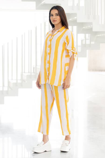 Silai Studio Yellow Linen, Viscose Collared Striped Co-ord Pant Set at Aza Fashions Silai Studio_Yellow Linen, Viscose Collared Striped Co-ord Pant Set _at_Aza_Fashions