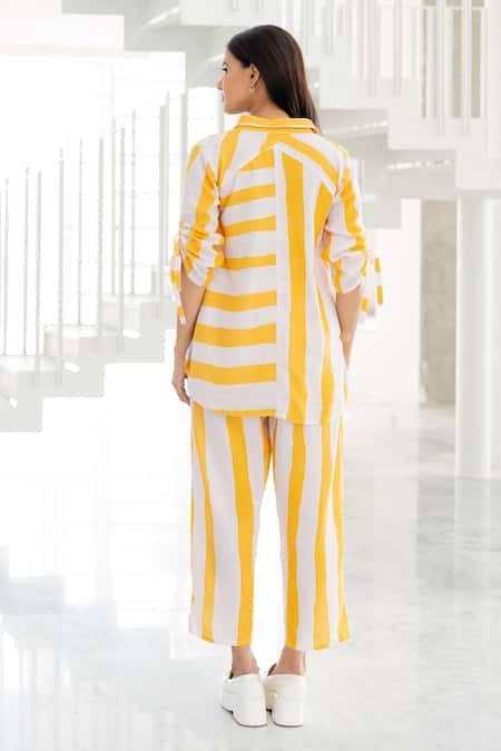 Shop Silai Studio Yellow Linen, Viscose Collared Striped Co-ord Pant Set at Aza Fashions Shop_Silai Studio_Yellow Linen, Viscose Collared Striped Co-ord Pant Set _at_Aza_Fashions