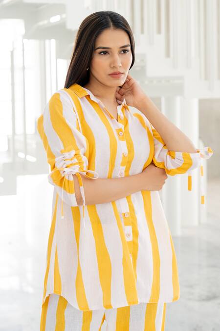Shop Silai Studio Yellow Linen, Viscose Collared Striped Co-ord Pant Set Shop_Silai Studio_Yellow Linen, Viscose Collared Striped Co-ord Pant Set