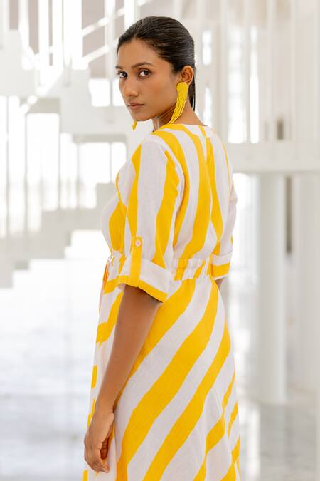 Silai Studio Yellow Linen, Viscose V-neck Lemonberry Drawcord Dress Online at Aza Fashions Silai Studio_Yellow Linen, Viscose V-neck Lemonberry Drawcord Dress _Online_at_Aza_Fashions